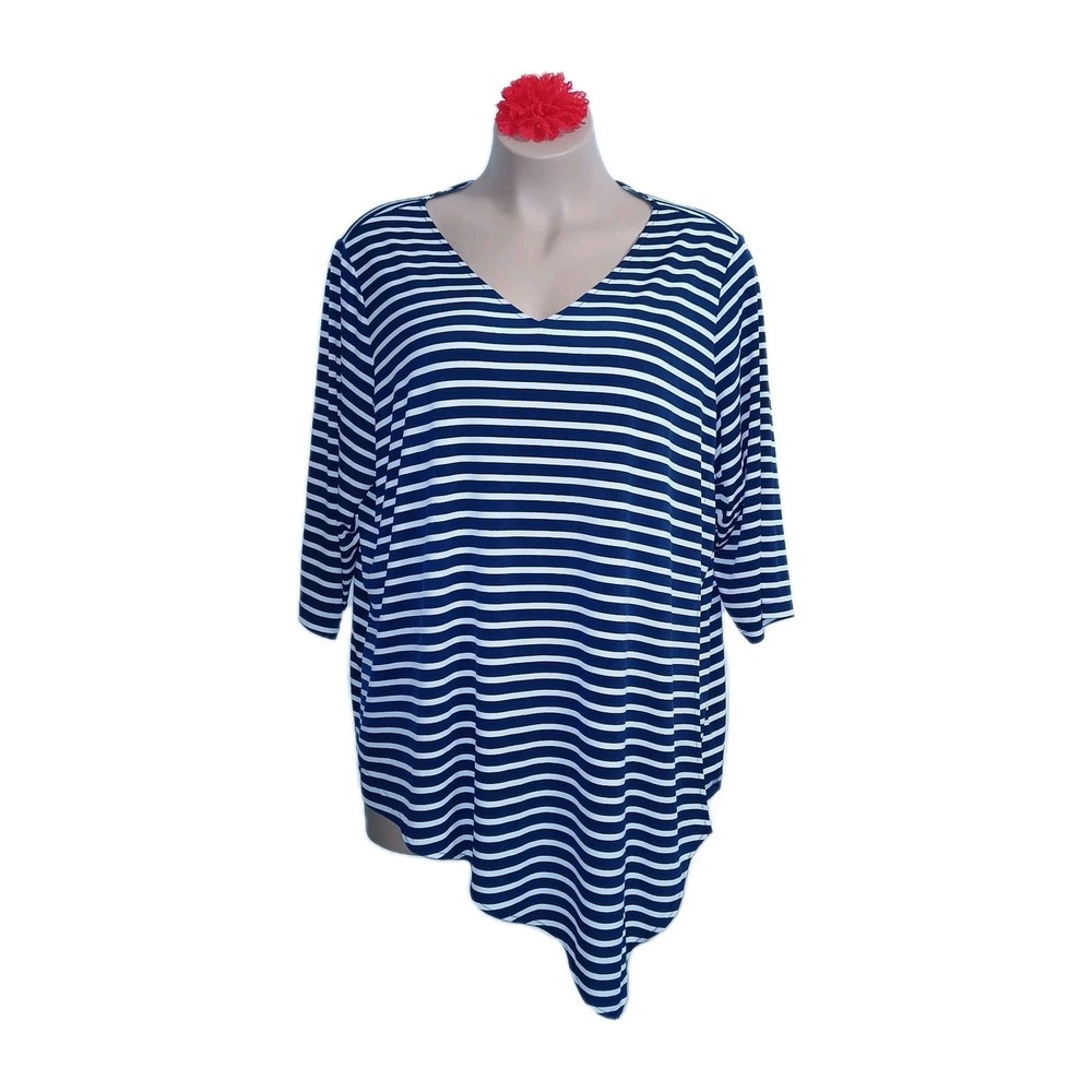 Susan Graver Every Day Women Tunic Top 3X Blue White Striped Nautical Sailor QVC